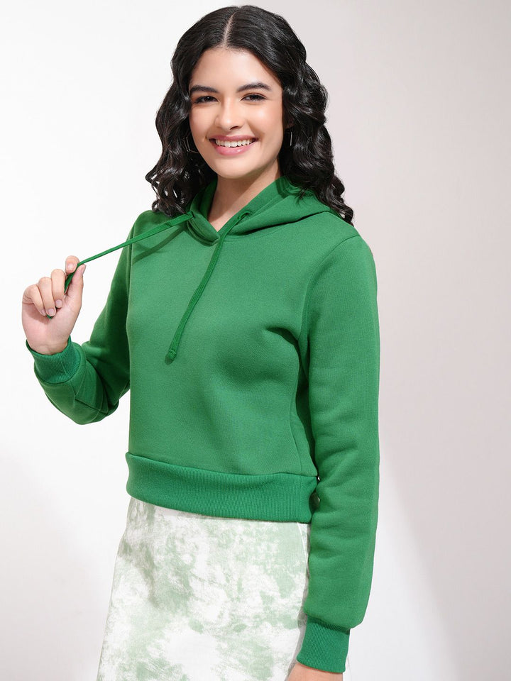 Tokyo Talkies Women Green Solid Hooded Sweatshirt