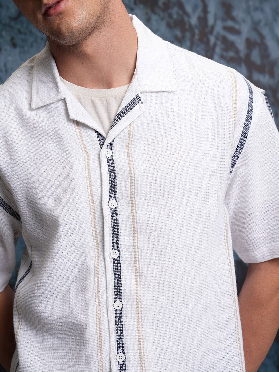 Locomotive Men White Mock Lino Dobby Textured Striper Camp Collar Oversized Shirt