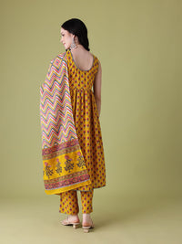 Anouk Floral Print Pleated Pure Cotton Kurta with Trousers & Dupatta