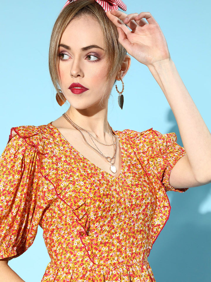 Antheaa Women Bright Yellow Floral Tiered Top