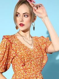 Antheaa Women Bright Yellow Floral Tiered Top