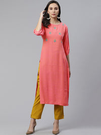 Libas Women Coral Pink & Blue Floral Embroidered Straight Kurta