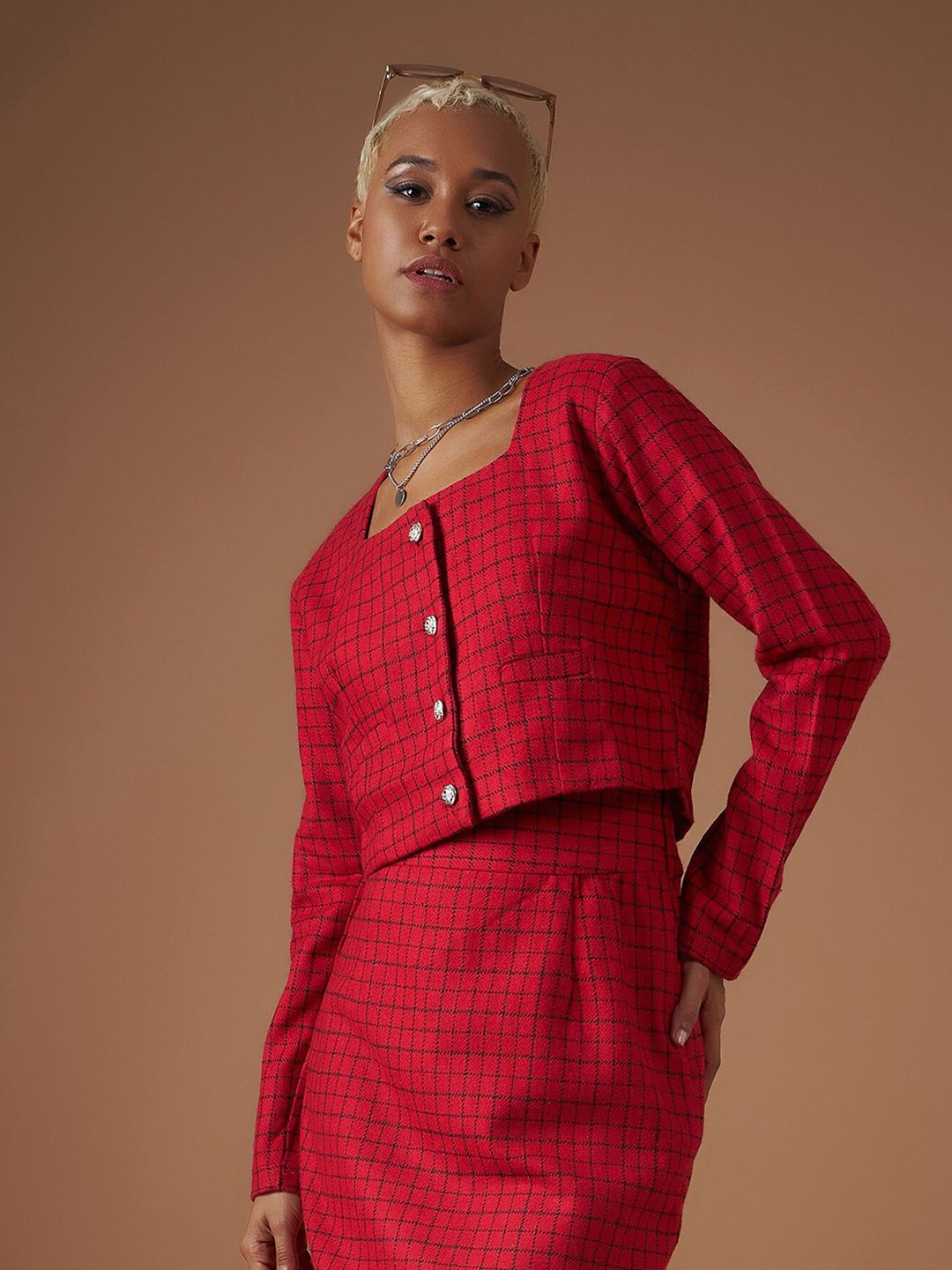 SASSAFRAS Checked Square Neck Jacquard Shirt Style Crop Top