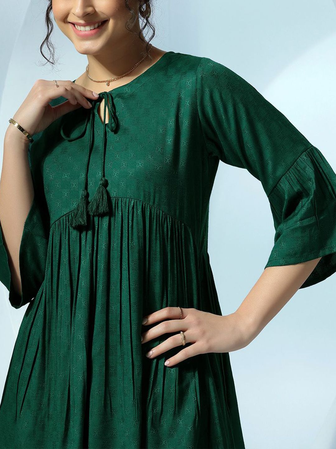 Libas Women Woven Design Tie-Up Neck A-Line Kurti