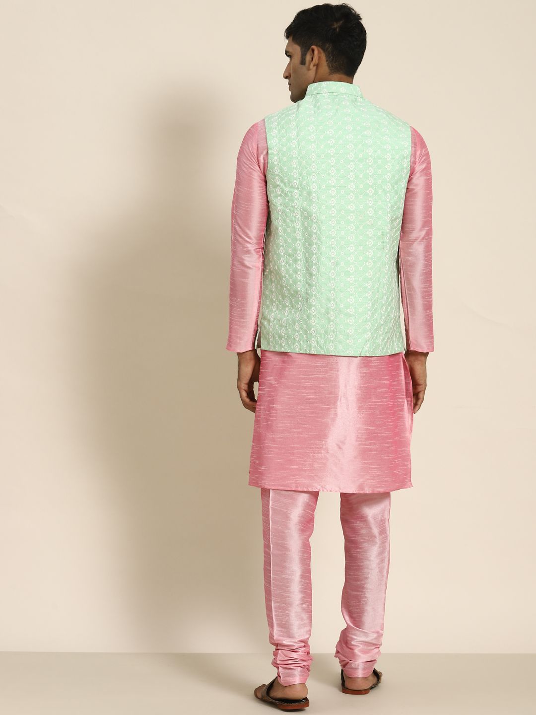 SOJANYA Lelaki Motif Etnik Merah Jambu Kurta Sulam Churidar