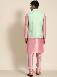 SOJANYA Lelaki Motif Etnik Merah Jambu Kurta Sulam Churidar