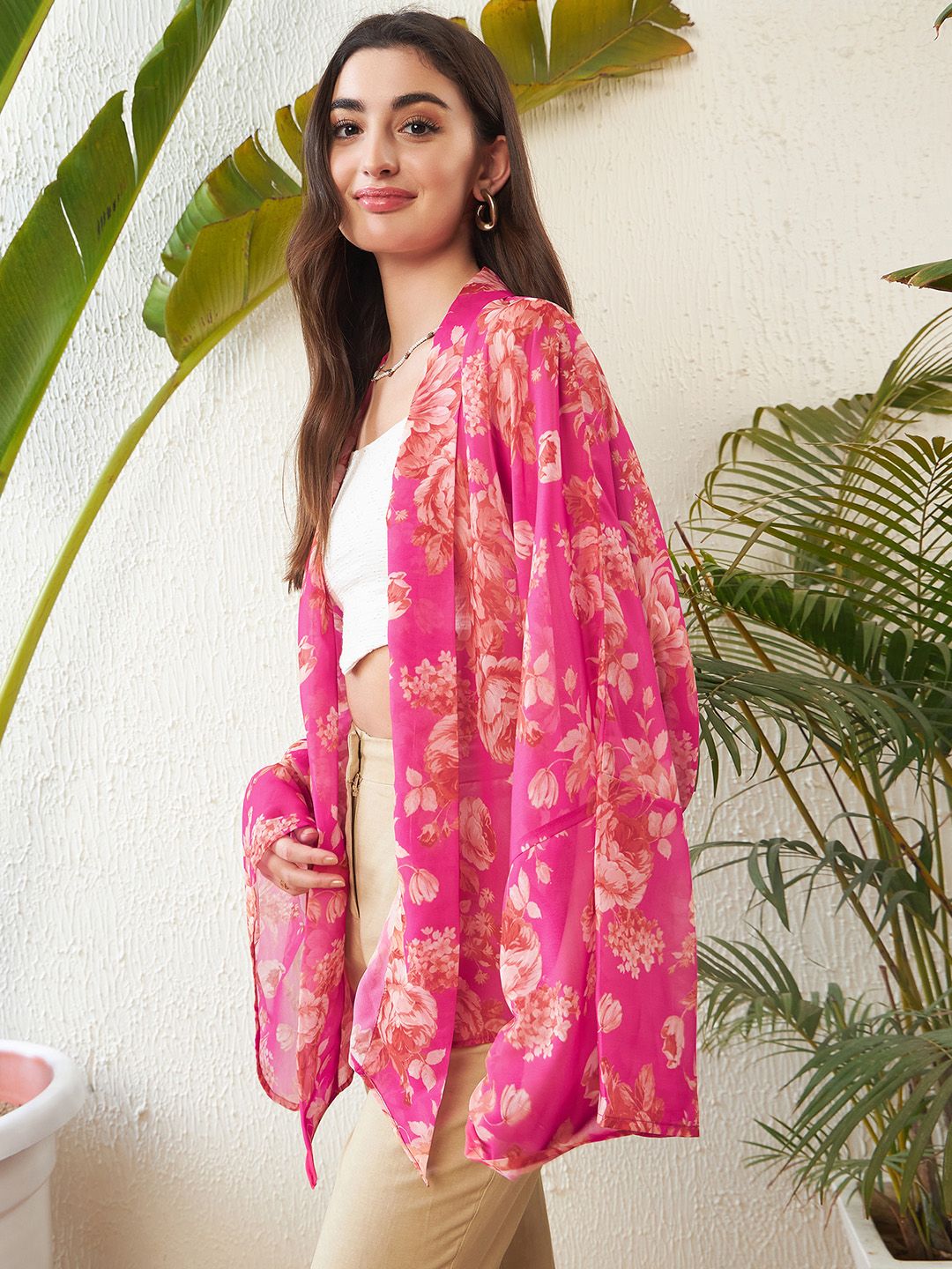 SASSAFRAS Pink Floral Printed Front Open Kimono Shrug