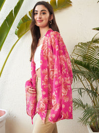 SASSAFRAS Pink Floral Printed Front Open Kimono Shrug