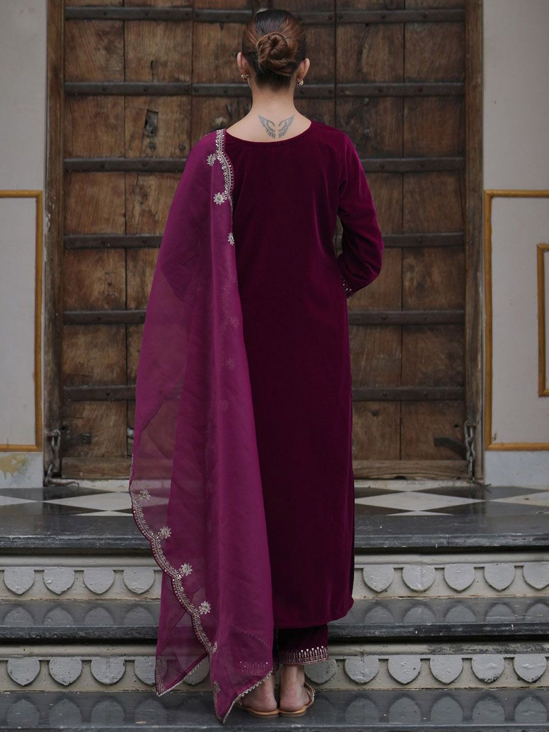Indo Era Women Ethnic Motifs Embroidered Regular Velvet Kurta with Trousers & With Dupatta