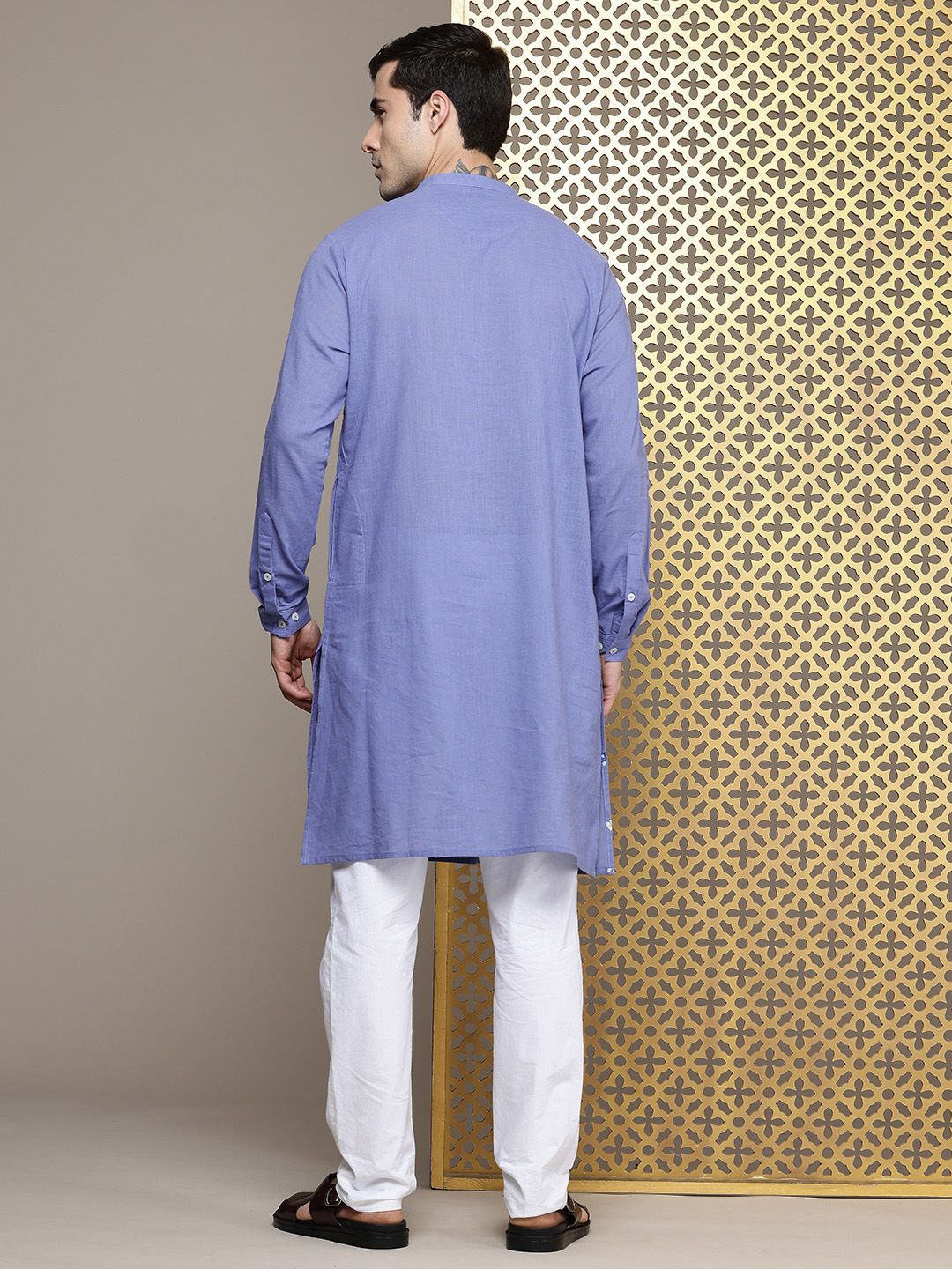 House of Pataudi Floral Embroidered Band Collar Pure Cotton Jashn Kurta