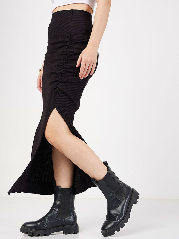 SASSAFRAS Ribbed Front Ruched Midi Skirt