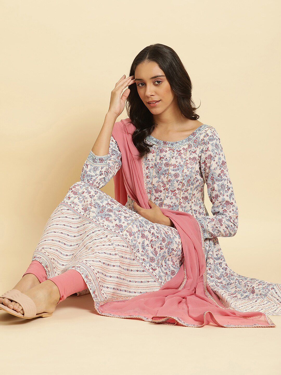 W Cream Floral Printed Gotta Patti Kurta with Churidar & With Dupatta