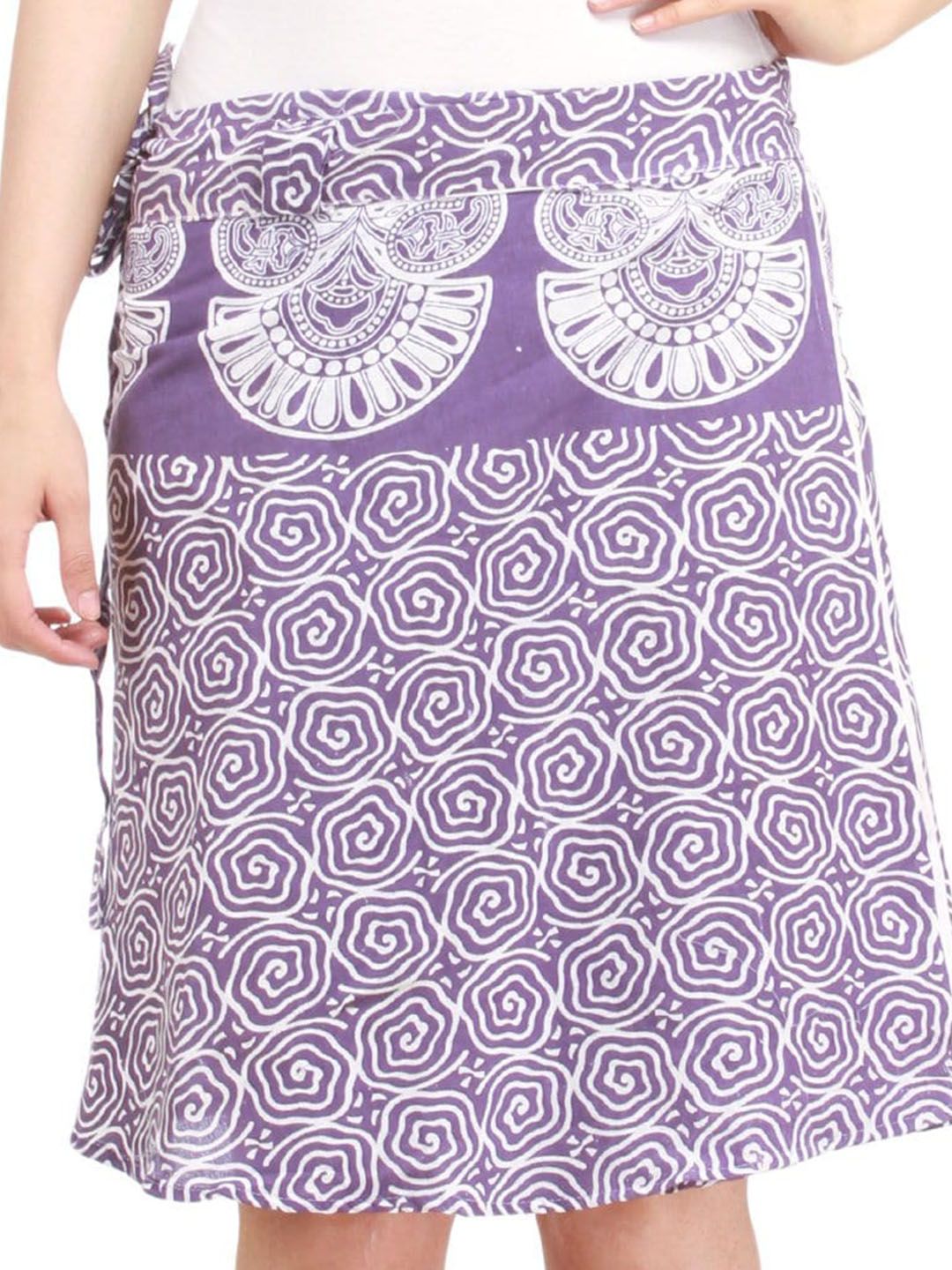 Exotic India Pure Cotton Block Printed Aster Purple Wrap-Around Mini-Skirt