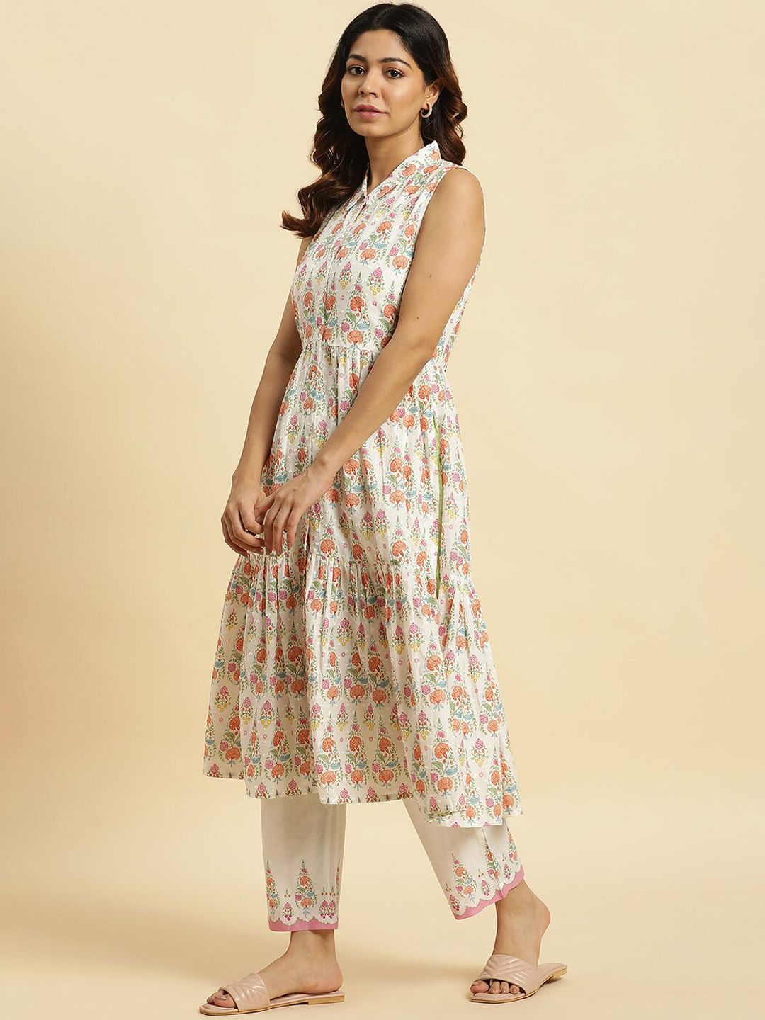 W Floral Printed Shirt Collar Pure Cotton Anarkali Kurta with Trousers