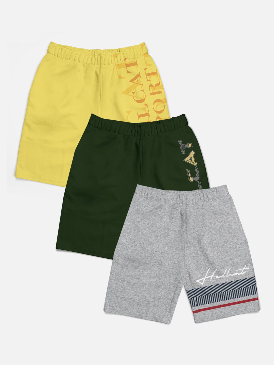 HELLCAT Boys Pack of 3 Mid-Rise Typographic Printed Cotton Shorts
