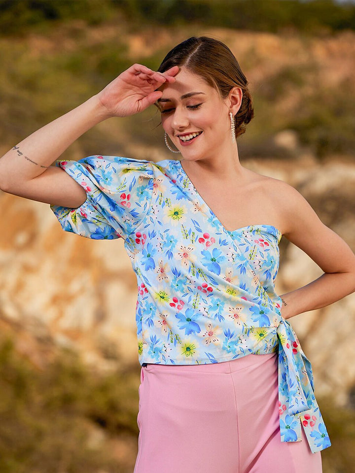 Athena Blue Floral Printed One Shoulder Wrap Top