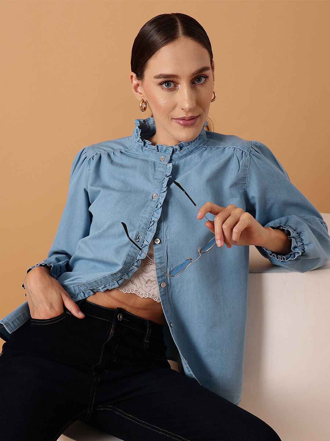 STREET 9 Comfort Denim Cotton Puff Sleeves Casual Shirt