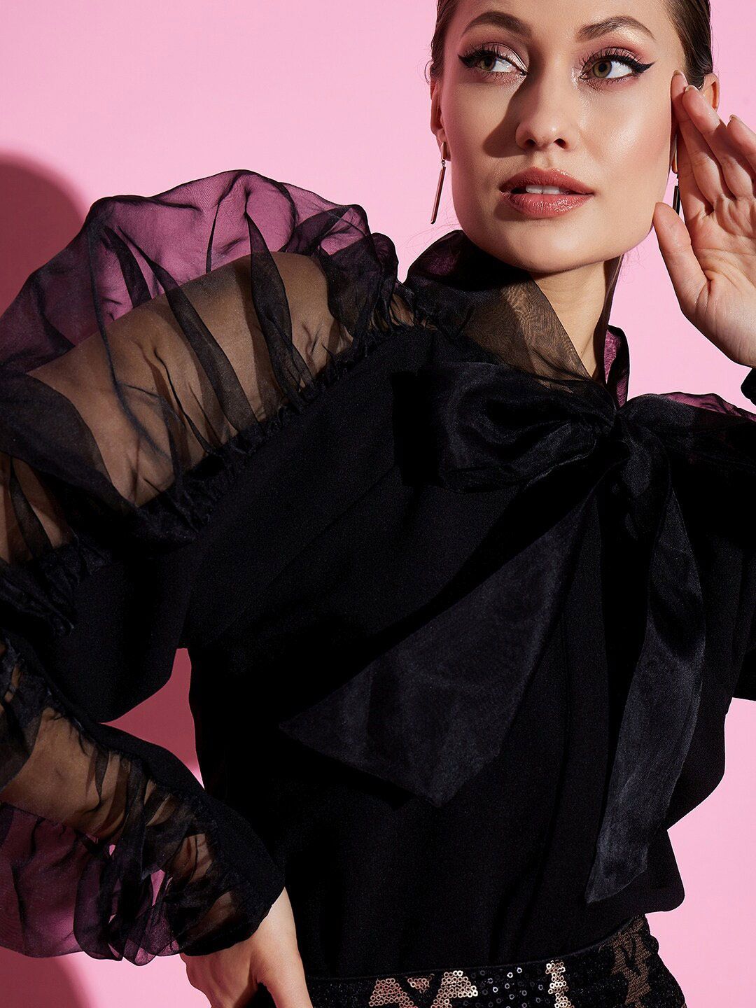 Athena Black Tie-Up Neck Puff Sleeves Power Shoulders Scuba Top