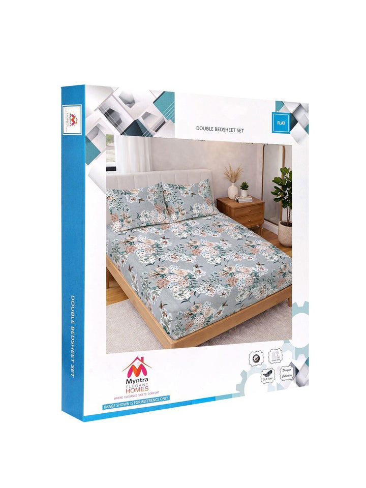 Myntra Elegant Homes Grey Floral 300 TC King Double Bedsheet dengan 2 Sarung Bantal
