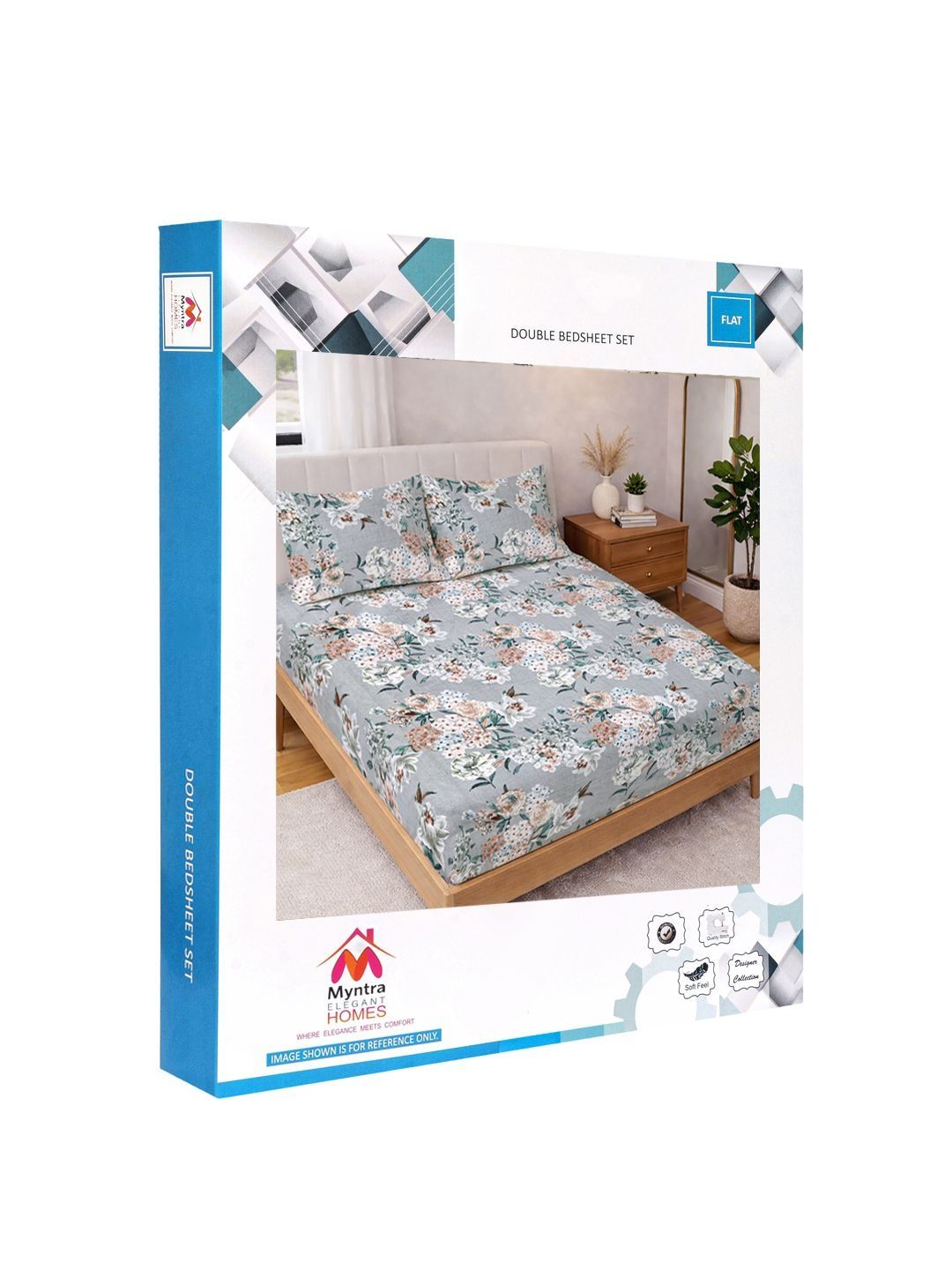 Myntra Elegant Homes Grey Floral 300 TC King Double Bedsheet dengan 2 Sarung Bantal