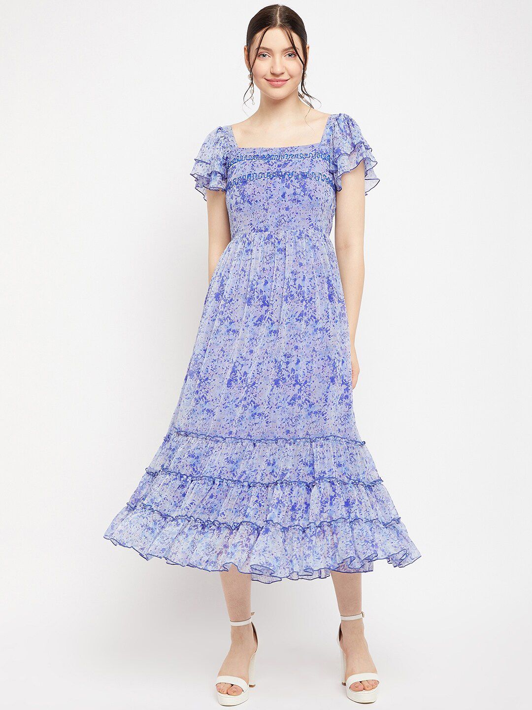 Antheaa Square Neck Abstract Printed Tiered Embellished Chiffon Fit & Flare Midi Dress