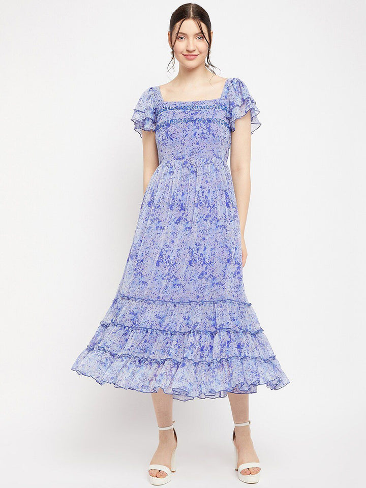 Antheaa Square Neck Abstract Printed Tiered Embellished Chiffon Fit & Flare Midi Dress