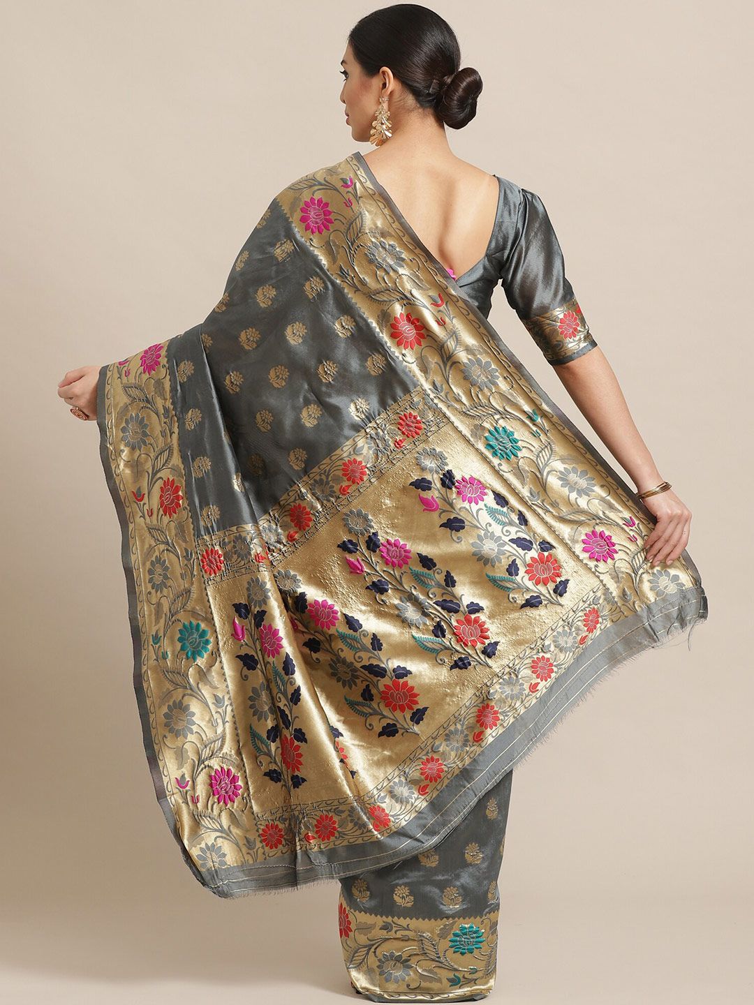 Saree mall Grey & Gold-Toned Floral Silk Blend Banarasi Sarees