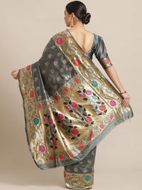 Saree mall Grey & Gold-Toned Floral Silk Blend Banarasi Sarees