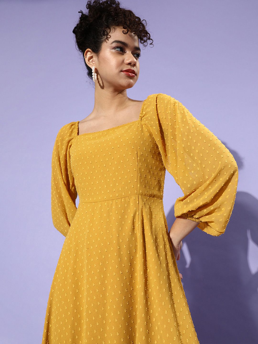 Berrylush Women Stylish Mustard Self-Design Puff Sleeves Dress