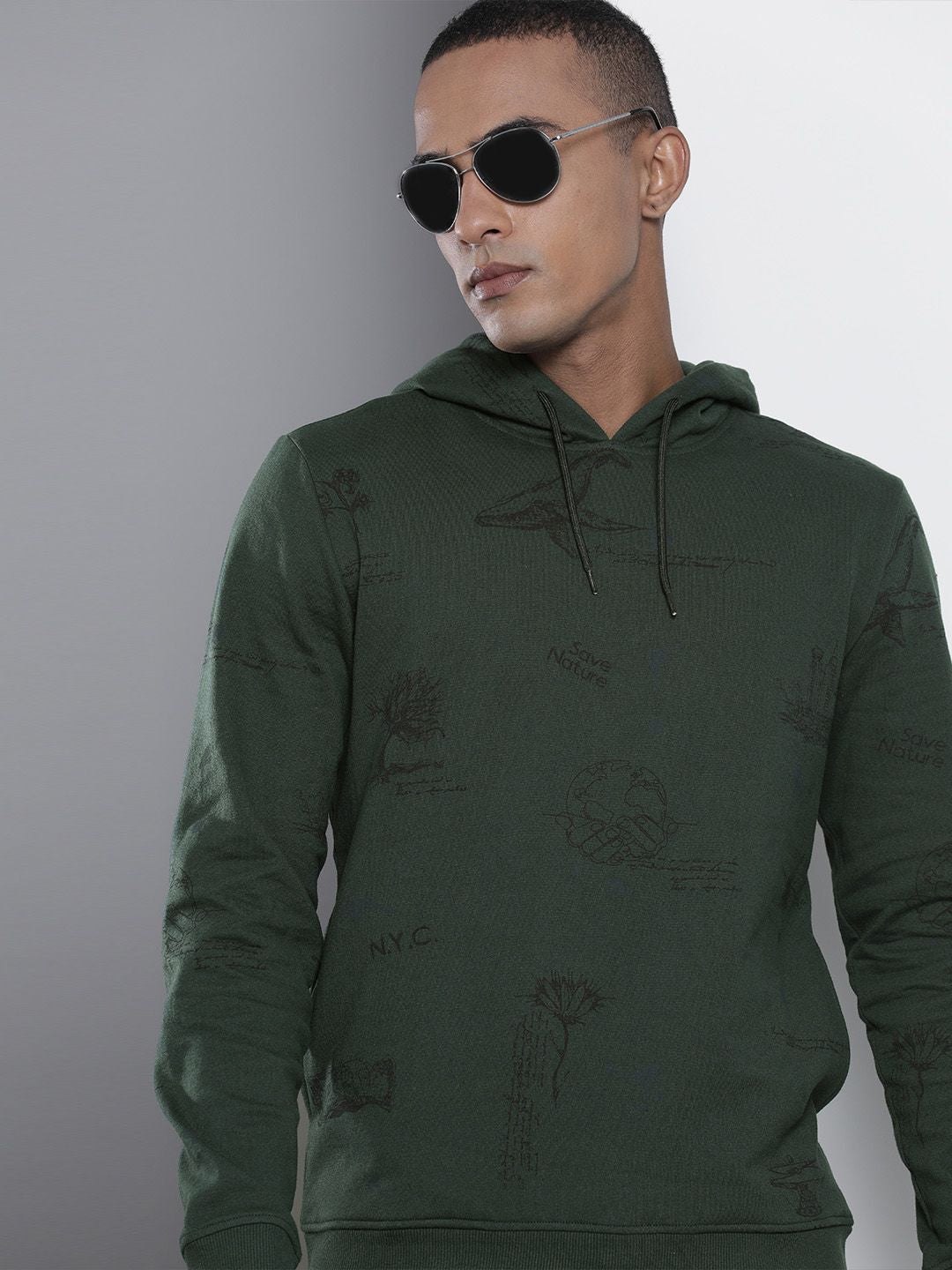 The Indian Garage Co Men Olive Green Printed Hooded Sweatshirt