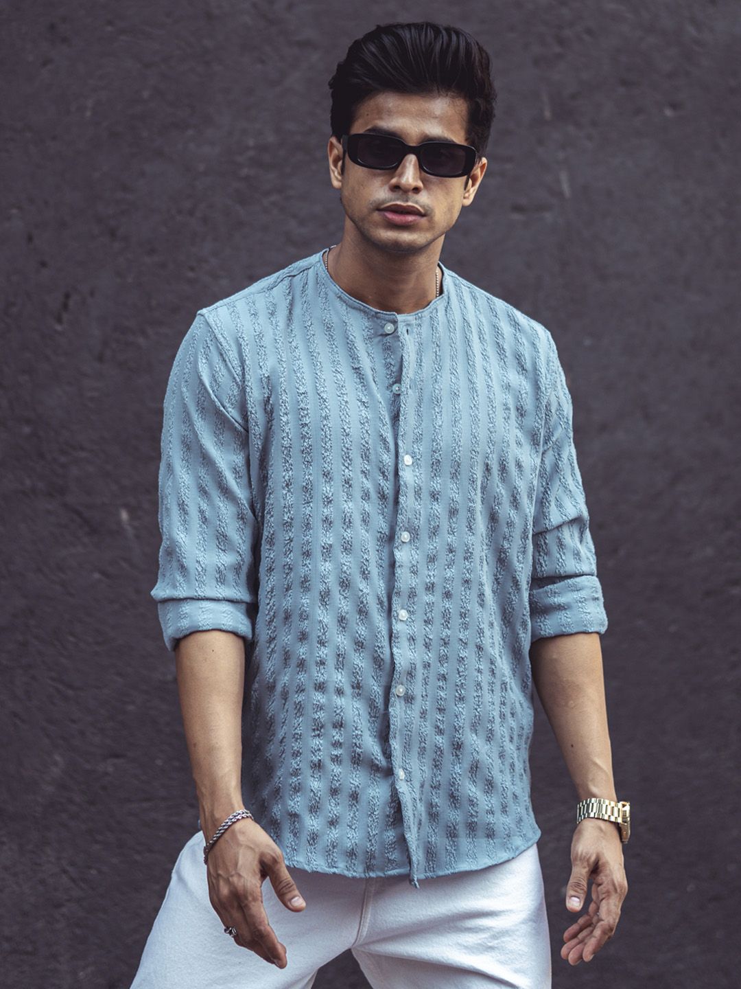 Powerlook Grey Mandarin Collar Opaque Knitted Casual Shirt