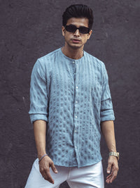 Powerlook Grey Mandarin Collar Opaque Knitted Casual Shirt