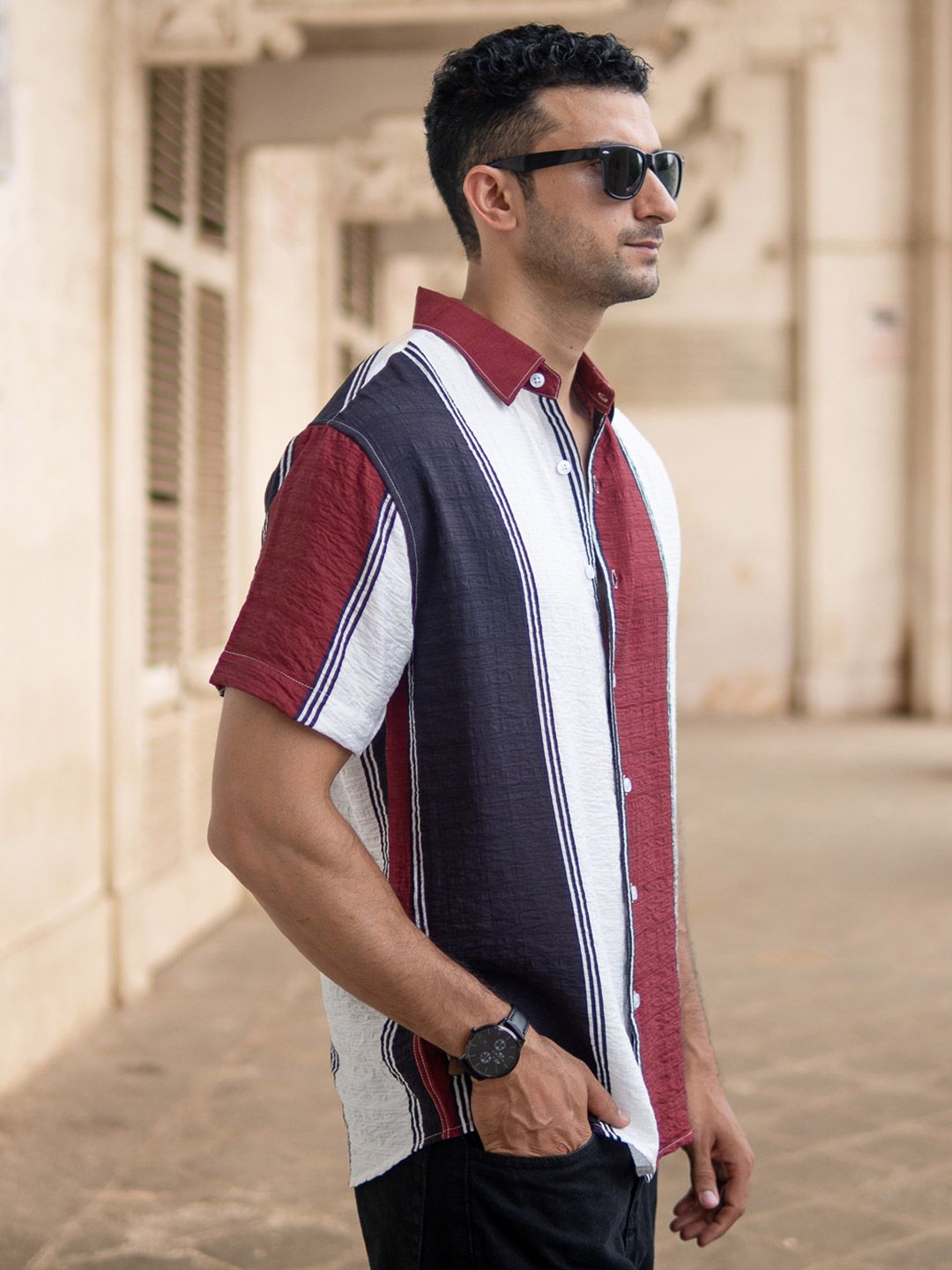Powerlook Men Striped Spread Collar Lightweight Structure Casual Shirt