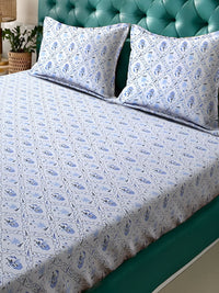 KLOTTHE White Floral Cotton 300 TC Fitted King Fine Bedsheet with 2 Pillow Covers-98 x 89 inches