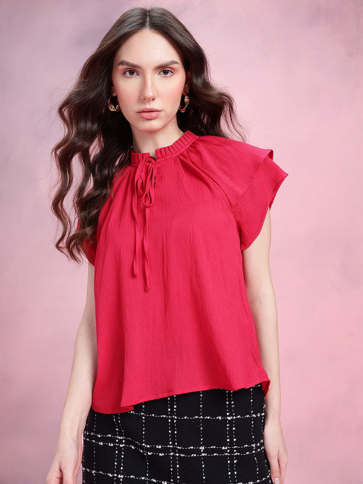 DressBerry Crinkled Effect Tie-Up Neck Flutter Sleeves Top with Ruffled Detail