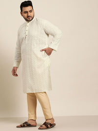 SOJANYA PLUS Men Plus Size Off White Chikankari Embroidered Pure Cotton Straight Kurta
