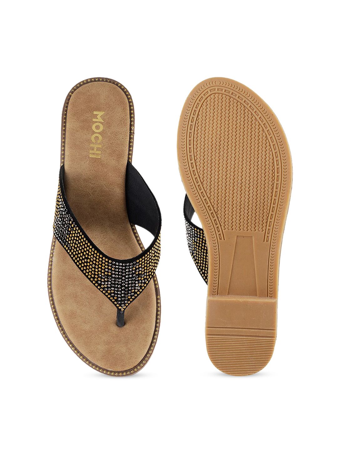 Mochi Women Black Embellished Open Toe Flats