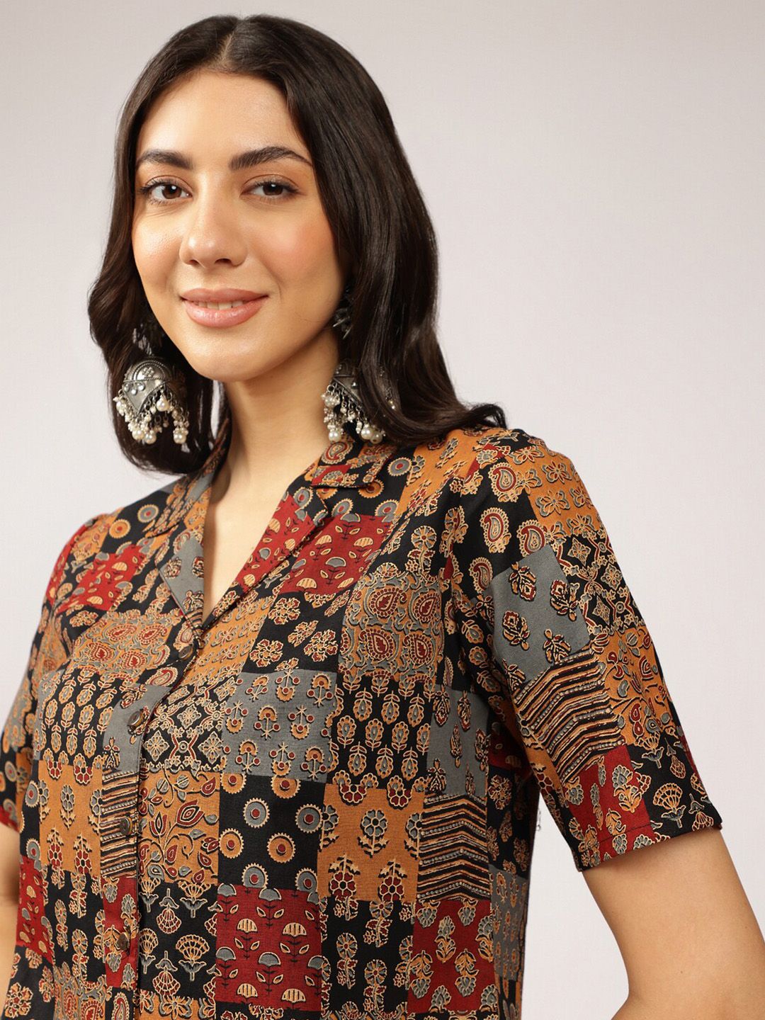 Anouk Ethnic Printed Cuban Collar Pure Cotton Shirt Style Top