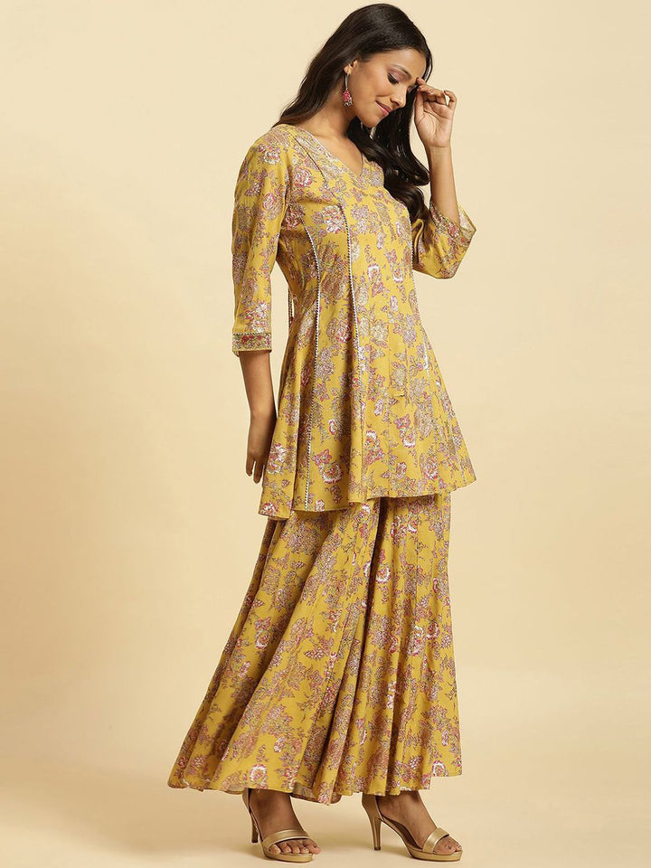 W Floral Printed V-Neck Panelled Gotta Patti A-Line Kurta With Sharara & Dupatta