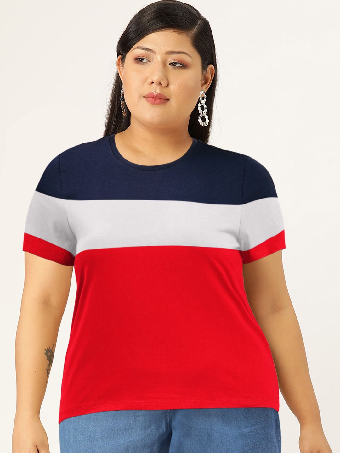 DressBerry Women Navy Blue & Red  Colourblocked Round Neck T-shirt