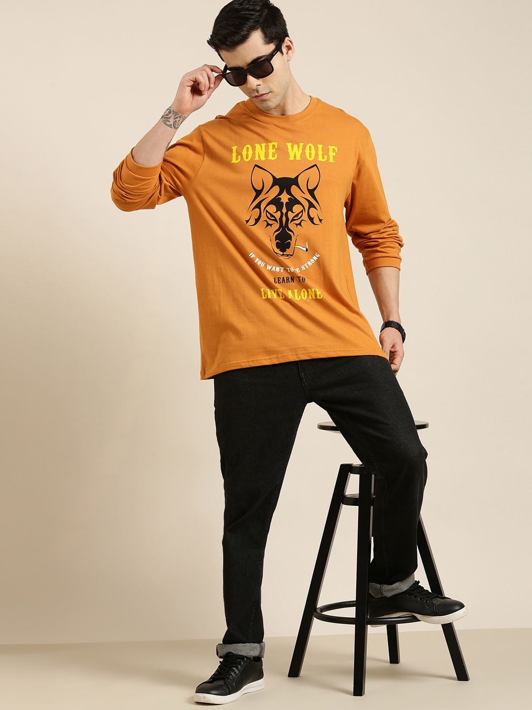 Difference of Opinion Men Tan Brown Printed Pure Cotton Loose Longline T-shirt