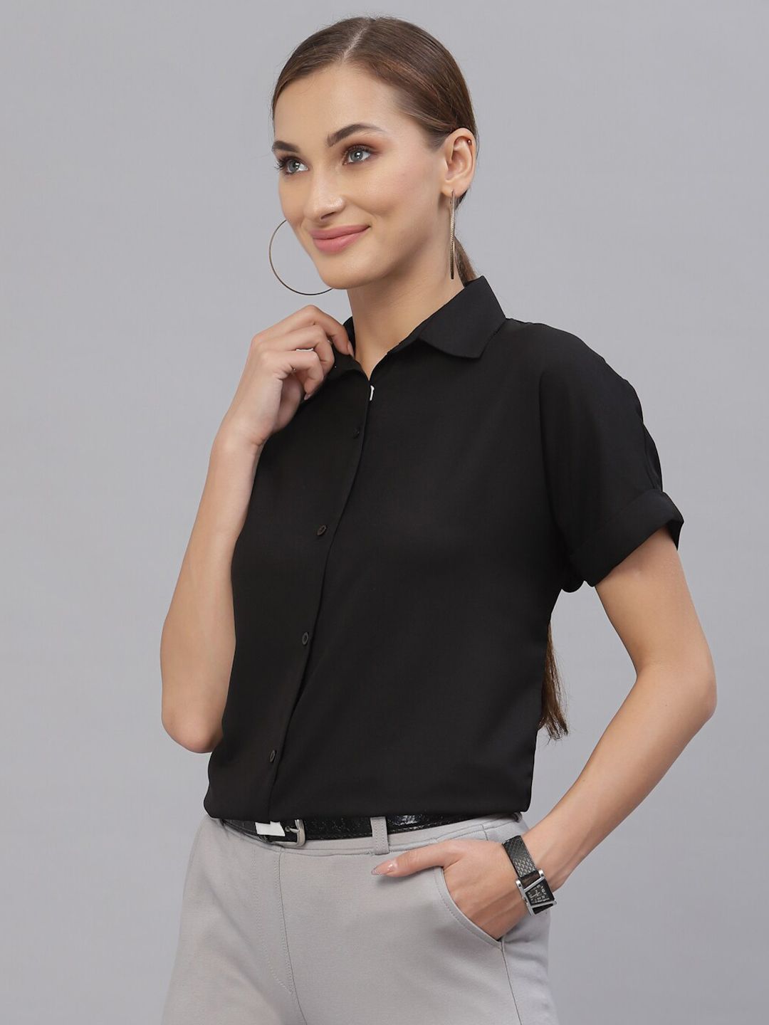 Style Quotient Women Black Solid Polyester Regular Fit Casual Shirt