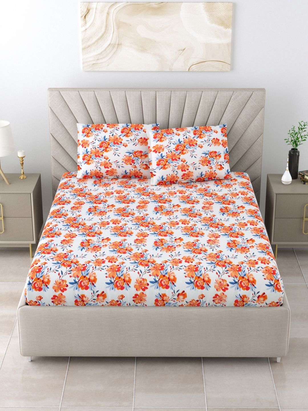 BOMBAY DYEING Florentine White Floral Pure Cotton 144TC Queen Bedsheet Set 2.28 m X 2.54m