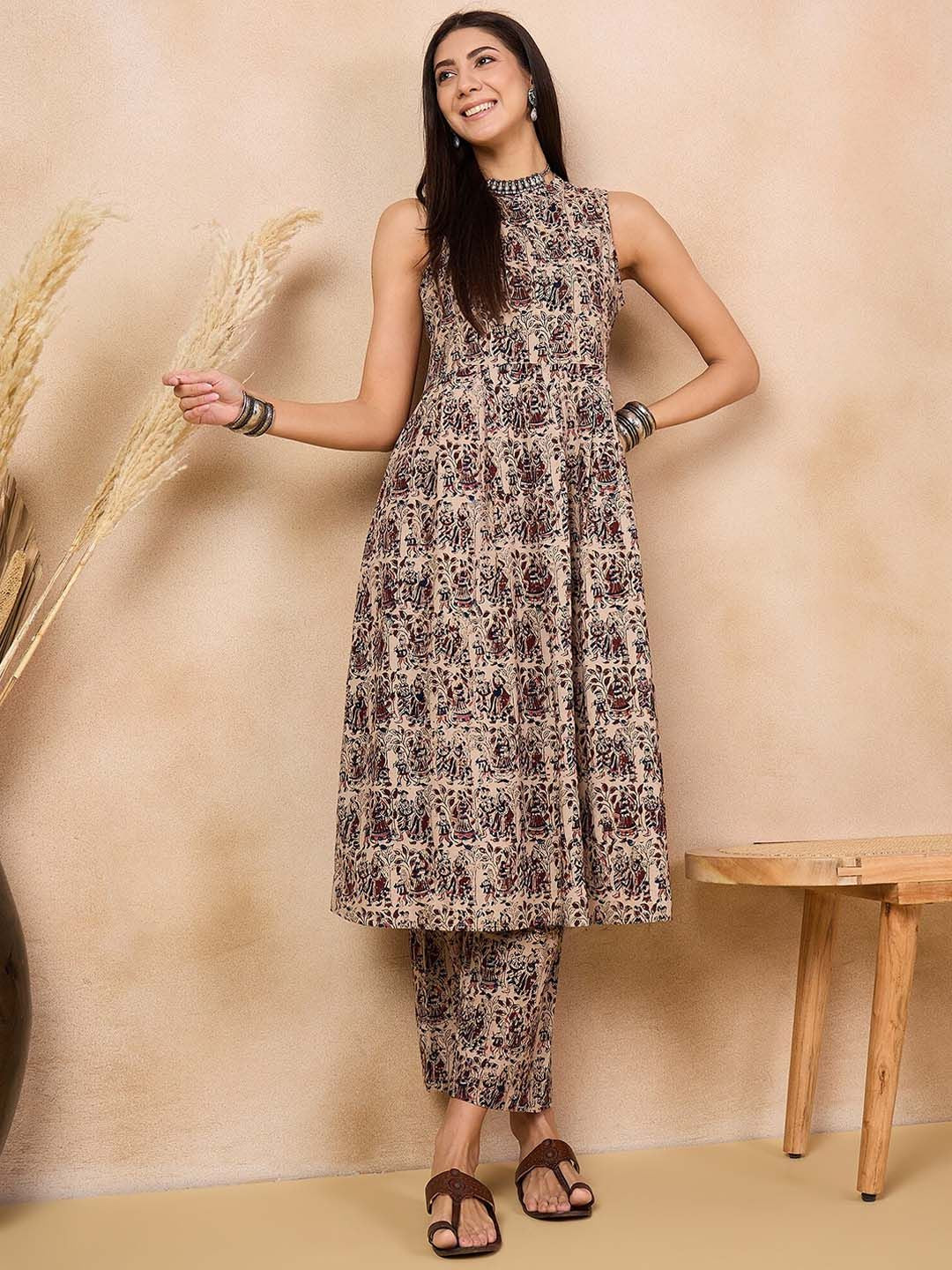 Anouk Beige Kalamkari Printed Halter Neck Pure Cotton A-Line Kurta With Palazzos