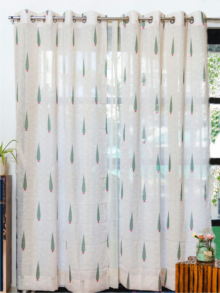 URBAN SPACE 2 Pieces White & Green Floral Sheer Door Curtain