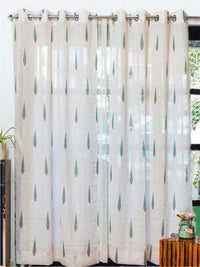 URBAN SPACE 2 Pieces White & Green Floral Sheer Door Curtain