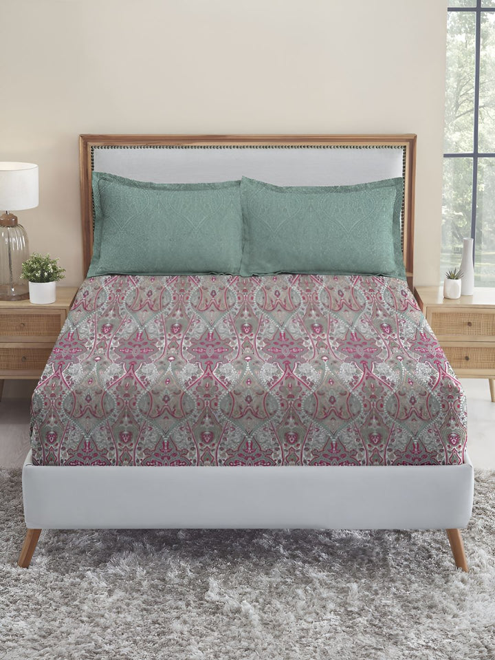 MYTRIDENT Grey & White Geometric 210 TC Cotton King Bedsheet with 2 Pillow Covers