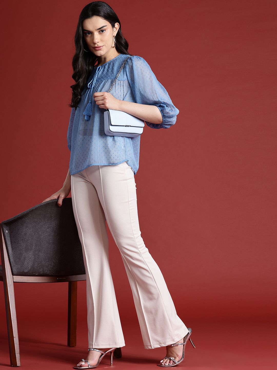 all about you Dobby Woven Tie-Up Neck Puff Sleeve Top