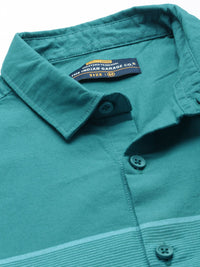 The Indian Garage Co Men Teal Horizontal Striped Cotton Casual Shirt