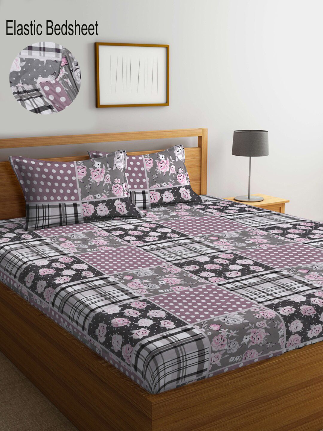 KLOTTHE Grey Floral Printed 300 TC Fitted Super King Double Bedsheet with 2 Pillow Covers